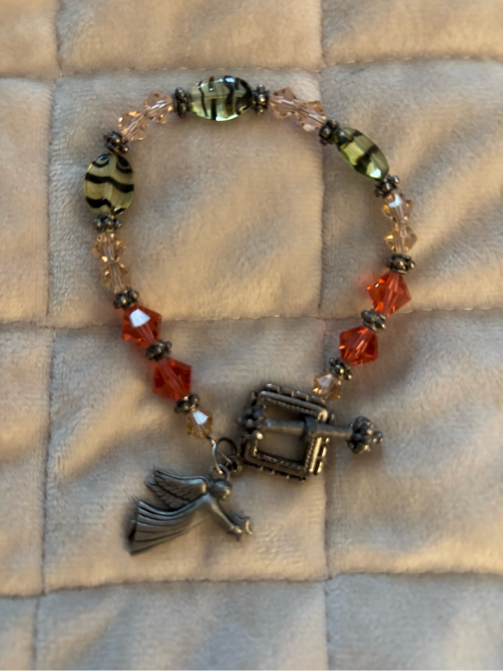 Women’s Orange and Green Beaded Angel Charm Bracelet with Toggle Closure
